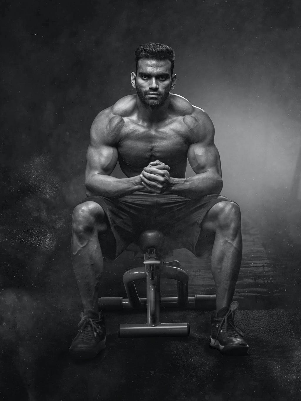 A black and white overly ripped man sitting on a weight bench