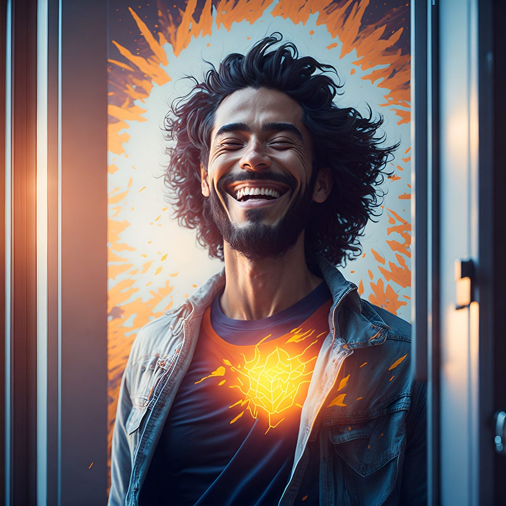 AI-generated image of a smiling man radiating energy, calm, and joy