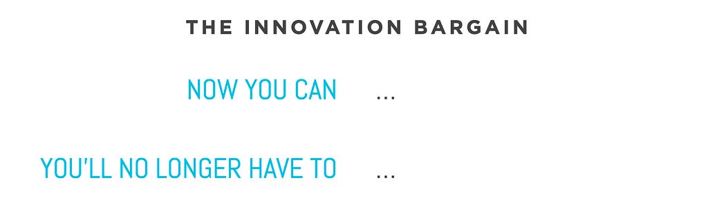 Title: “The Innovation Bargain.” Two items in left column: “Now you can” and “You’ll no longer have to.”