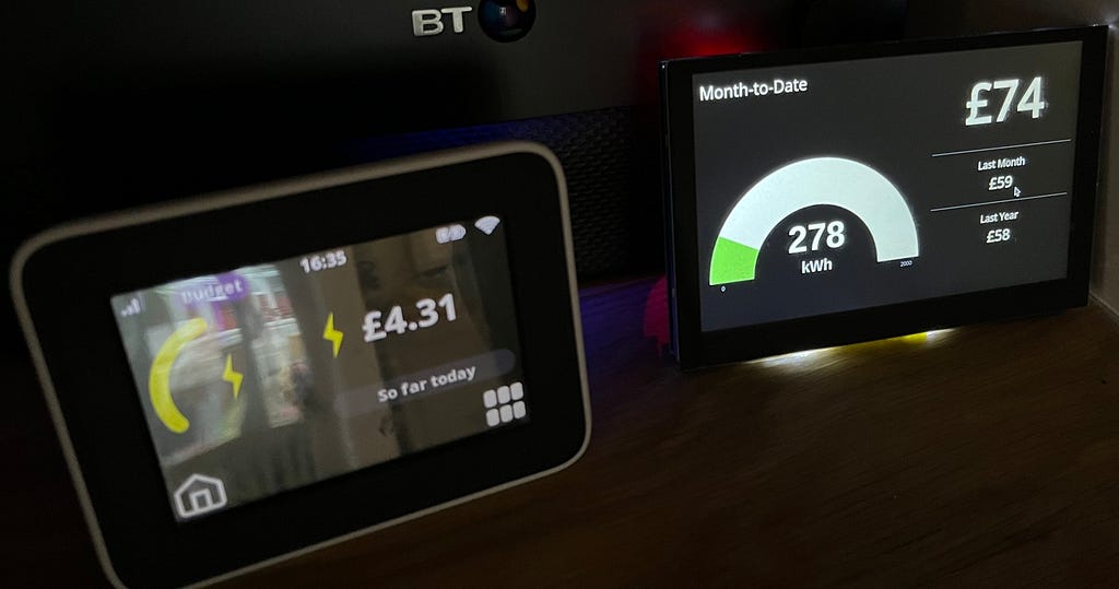 Two smart meters — one Chameleon IHD as provided by my electricity supplier, and a truly smart meter on the right