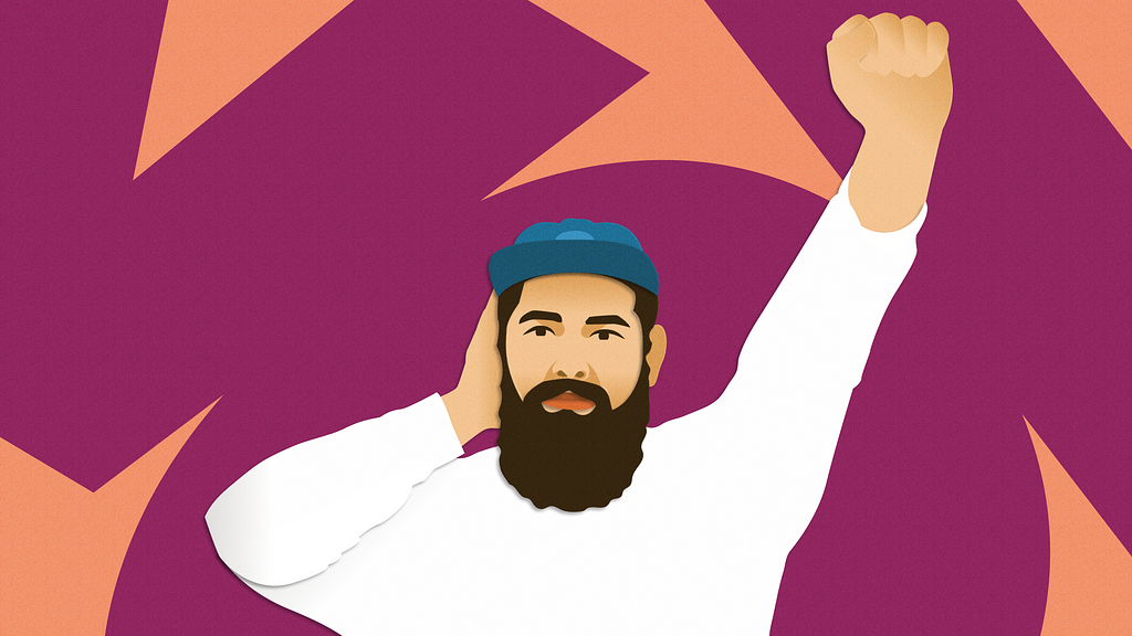 Illustration of Ravi Vasavan with one hand on his ear and his other hand raised in a fist.