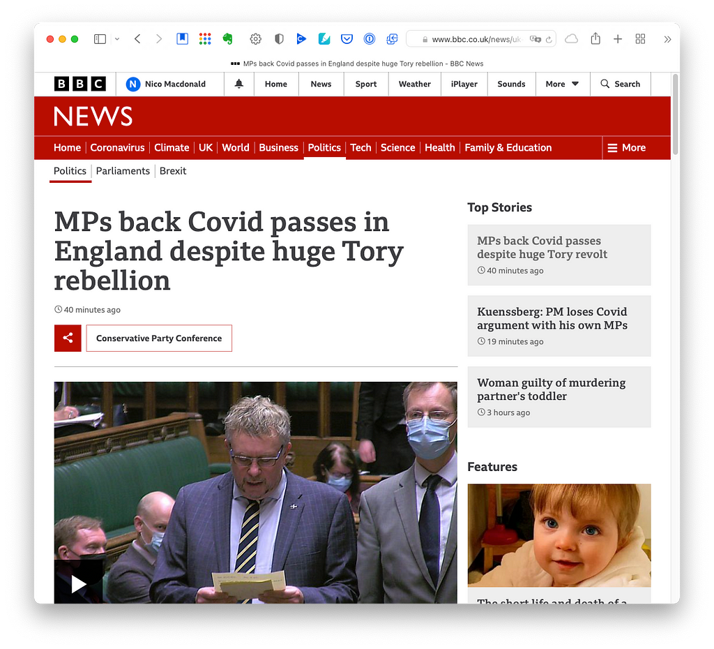 BBC News story: MPs back Covid passes in England despite huge Tory rebellion