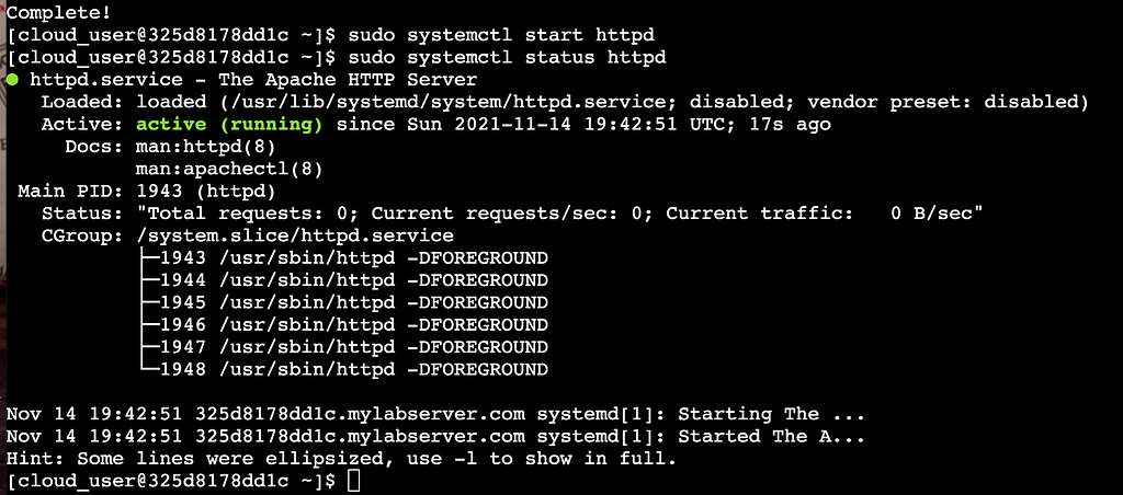 Screen capture of Apache status on CentOS 7 server. Sudo systemctl command run. Status of Apache is Active, in green text