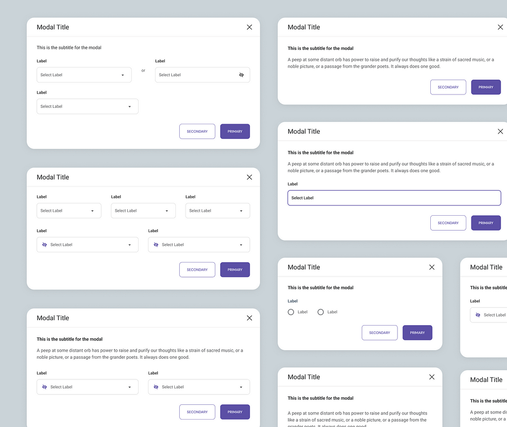 8 variations of a modal window created using the Factory Component