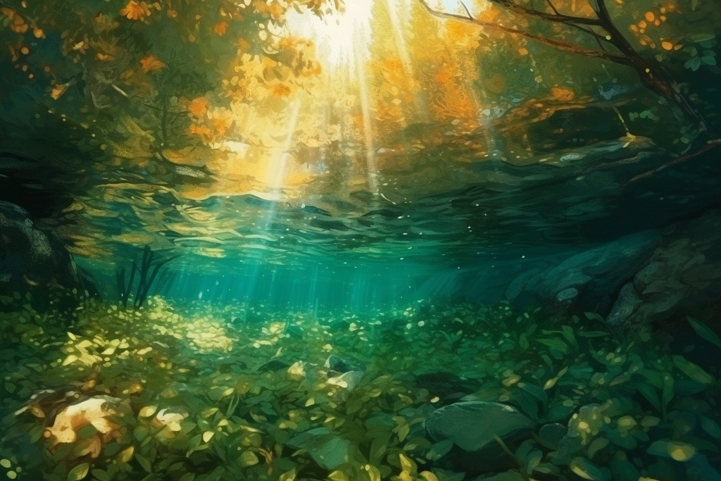 Sun shining down underwater in a river.