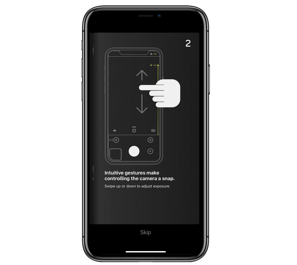 Ilustração do aplicativo Halide mostrando como usar gesture para controlar a câmera.