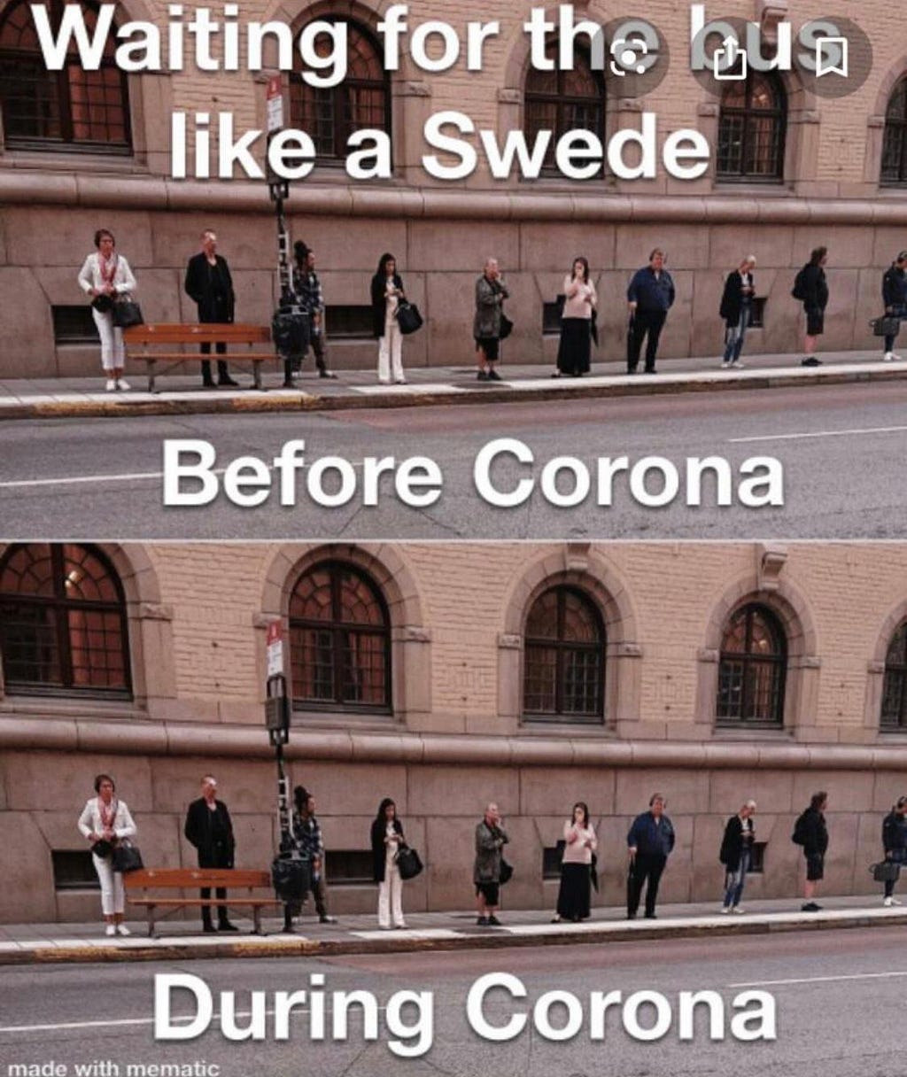 Meme mostra uma fila de ônibus em Estocolmo, onde os passageiros esperavam mantendo distância entre si.