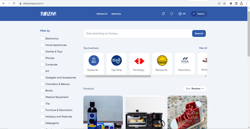 a screenshot of Tunzaa Fintech’s web app showing businesses and products