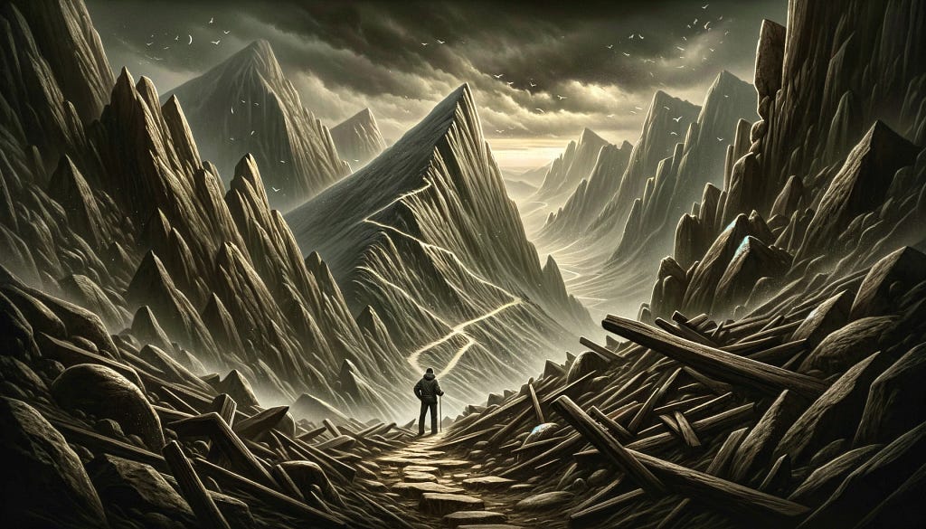 An illustration portraying a lone traveler at the base of a vast, mountainous terrain, evoking the hardships of a challenging journey.