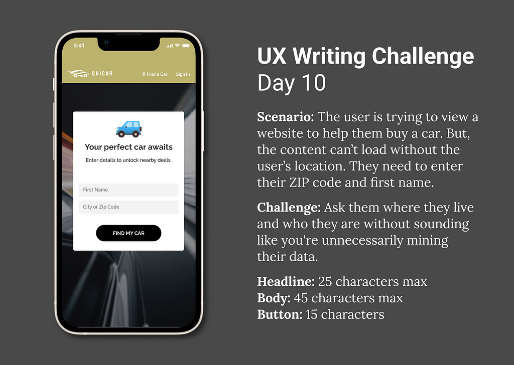 On the left, an iPhone on a dark gray background with a lock screen mockup of a car buying app. The right shows the writing challenge objectives (below).