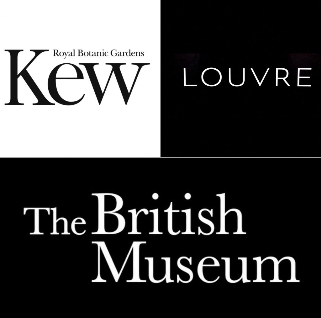 Logo of the Royal Botanic Gardens (top left), the Louvre (top right) and the British Museum (bottom)