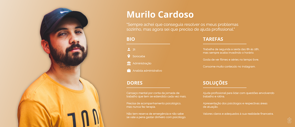 Persona do Murilo Cardoso, com as principais dores e possíveis soluções para o paciente.