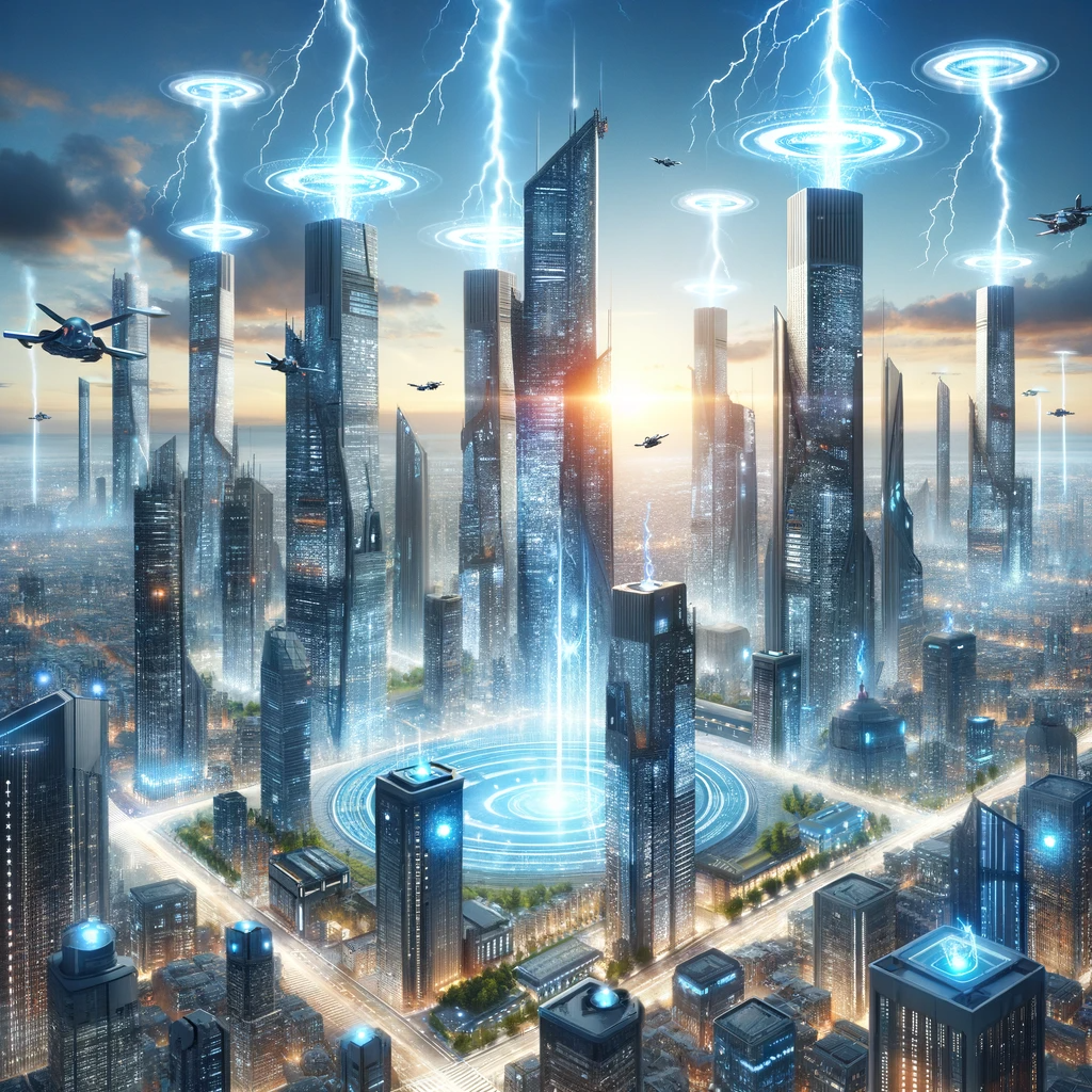 ChatGPT / DALL-E. A futuristic city that gets its electric energy from lightning bolts. A bright future scenario.