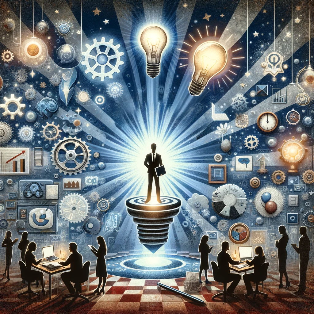he image depicts a person standing in a spotlight, symbolizing their Zone of Genius, surrounded by various symbols of creativity, innovation, and success, set against a backdrop of different professional and personal environments. This represents the integration of one’s unique abilities and passions into all aspects of life.