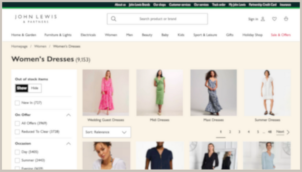 The John Lewis Women’s Dresses product listing page as viewed by a user with blurred vision.