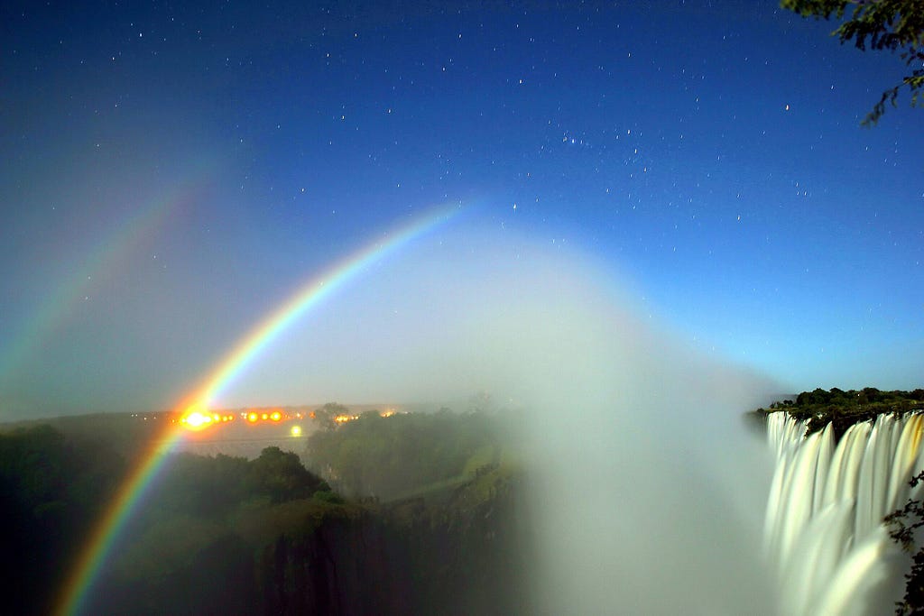 Double lunar rainbow over Victoria Falls.