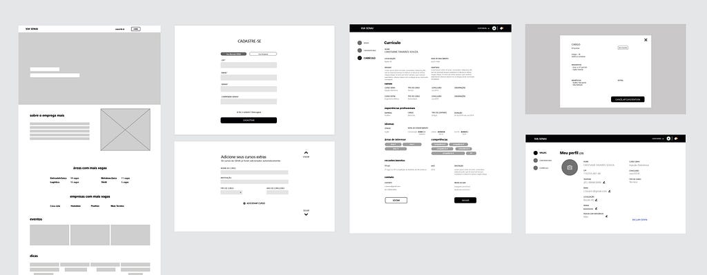 6 telas principais (currículo, cadastro, formulário de currículo, vagas e perfil) ilustradas em preto e branco