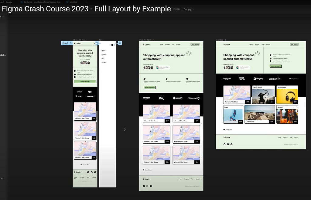 Figma design screen showcasing sets of responsive web designs by the tutor: Learning responsive web design in Figma (beginner level)