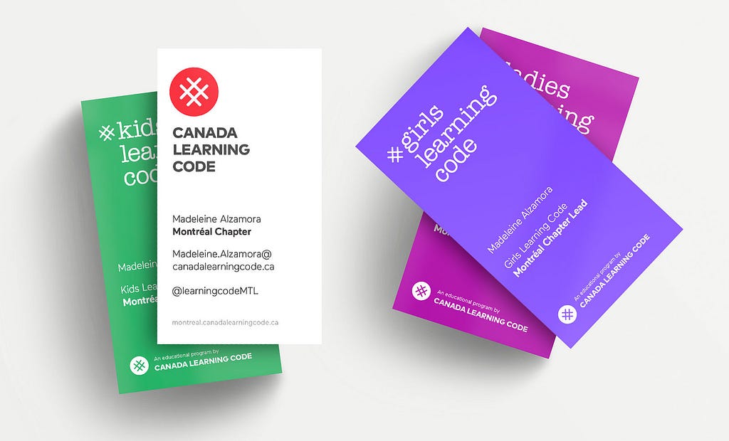 Print design of business cards for Ladies Learning Code and other properties in the Canada Learning Code brand umbrella