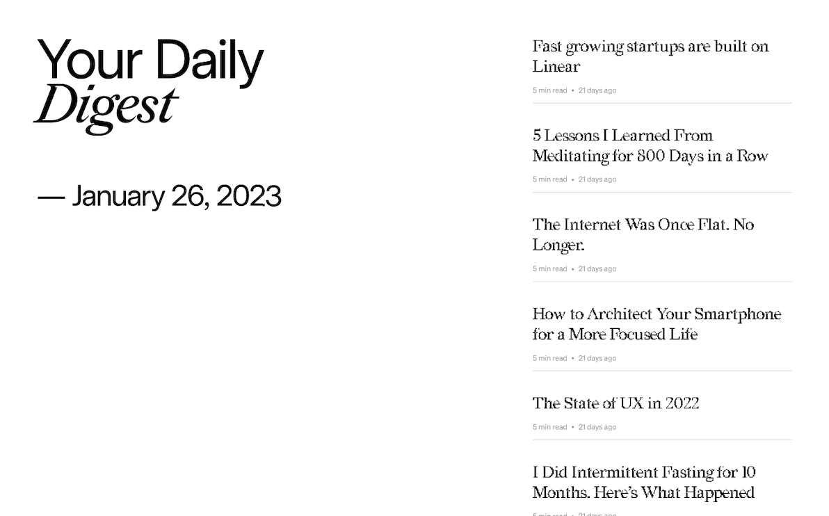 A prototype of the Daily Digest, swiping from light to dark mode