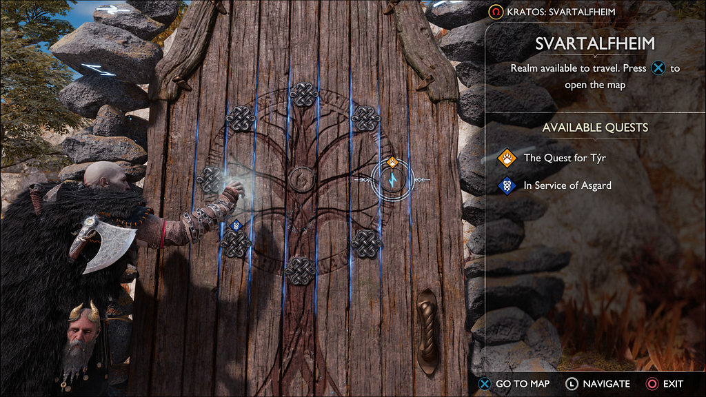 Character standing near wooden doors with world symbols; UI panel on the right