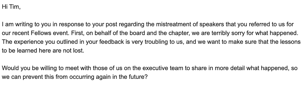 Screenshot of email response from AIGA leaders