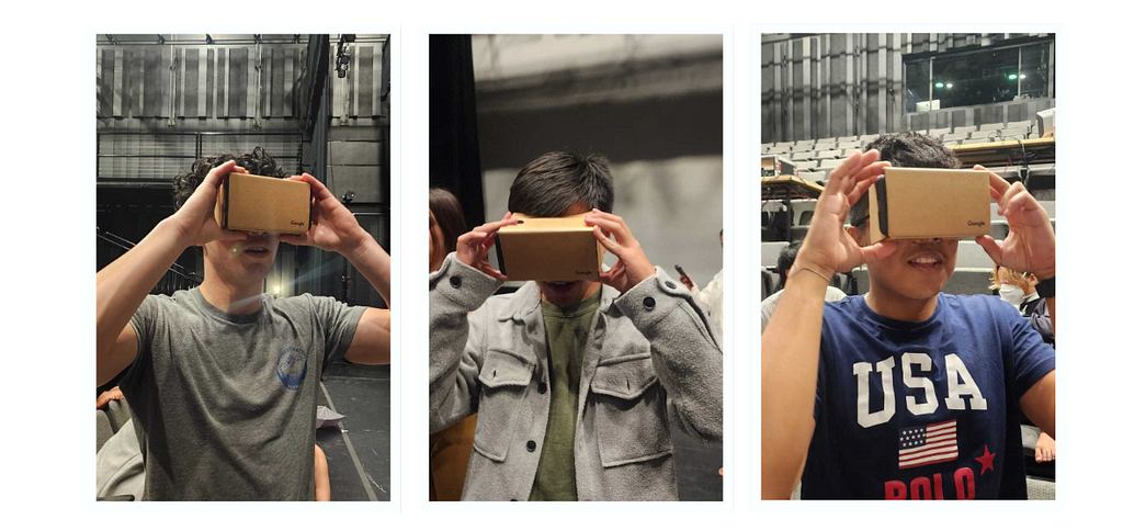 Images of three users testing device. They are using the cardboard glasses, which holds a phone that is playing our prototype.