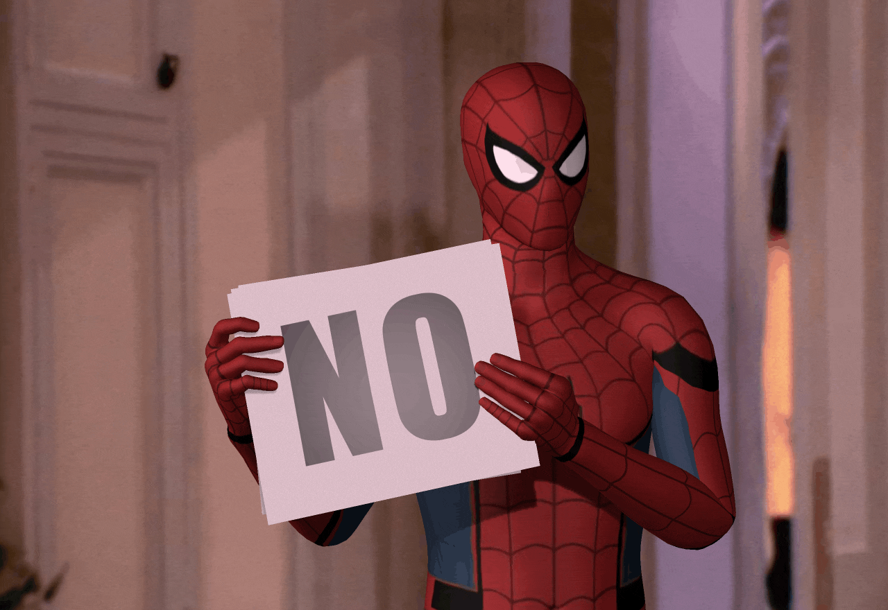 Spiderman dropping signs with ‘No!’ on it.