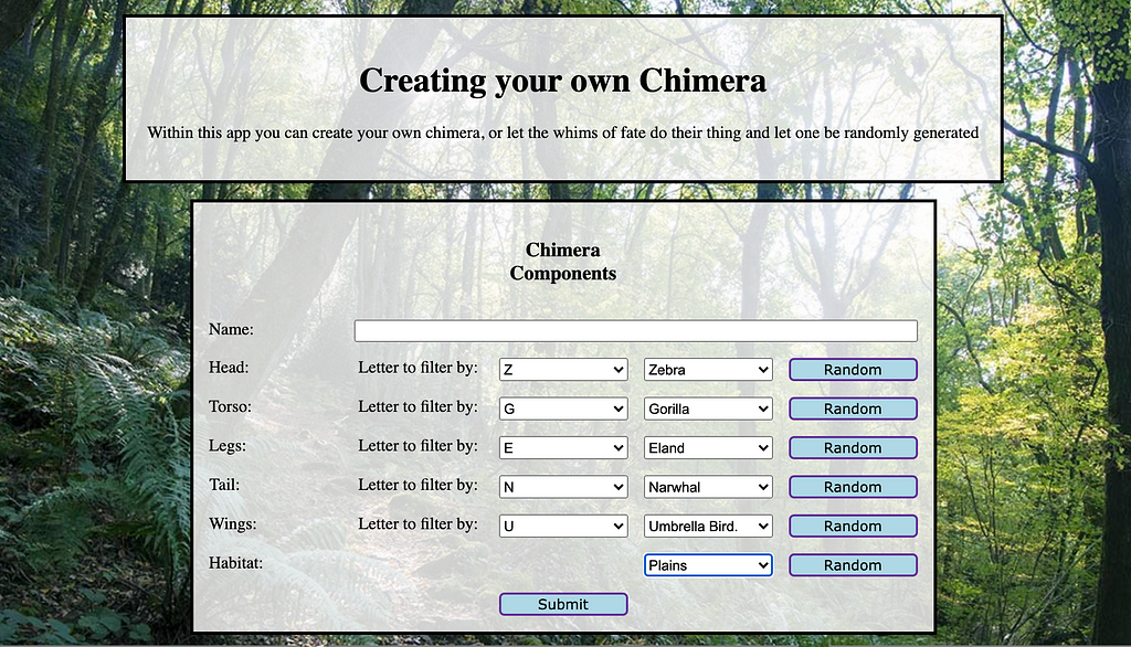 A screenshot of the chimera creation screen. Including select boxes for Head, Torso, Legs, Tail, Wings and Habitat