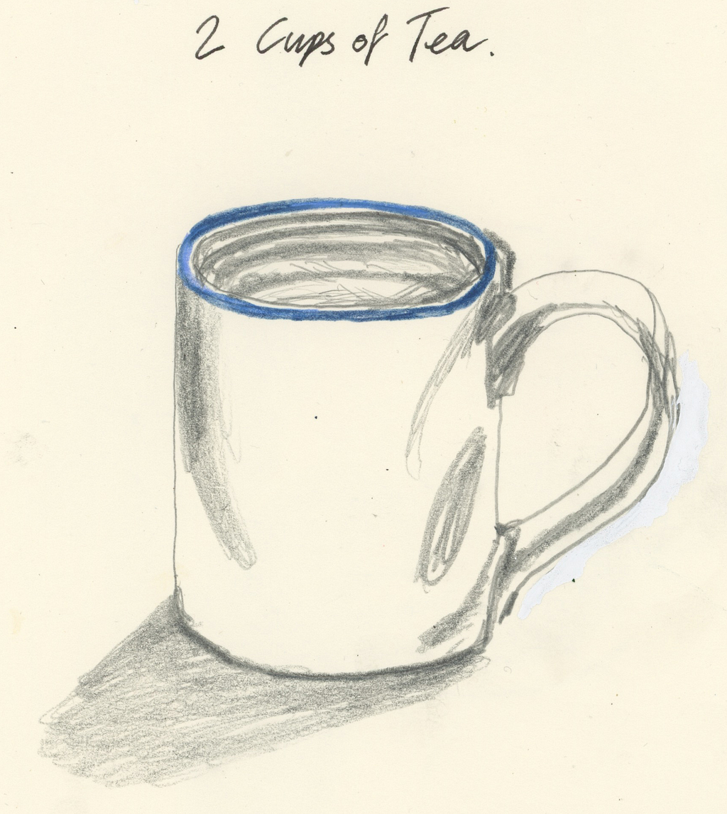 The text says “2 cups of Tea” the image depicts only 1 mug. Sitting alone.