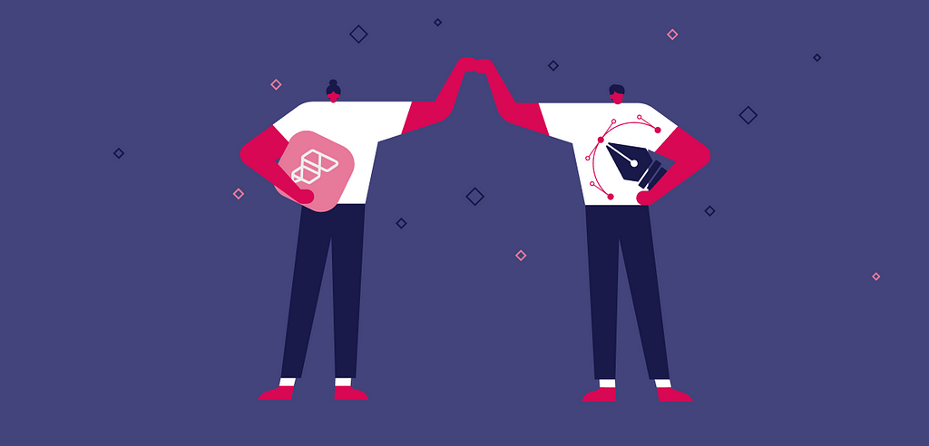 Corporate illustration of two people giving each other a high five. One is carrying a symbolic logo of FlutterFlow. The other one a stylised “pen tool”