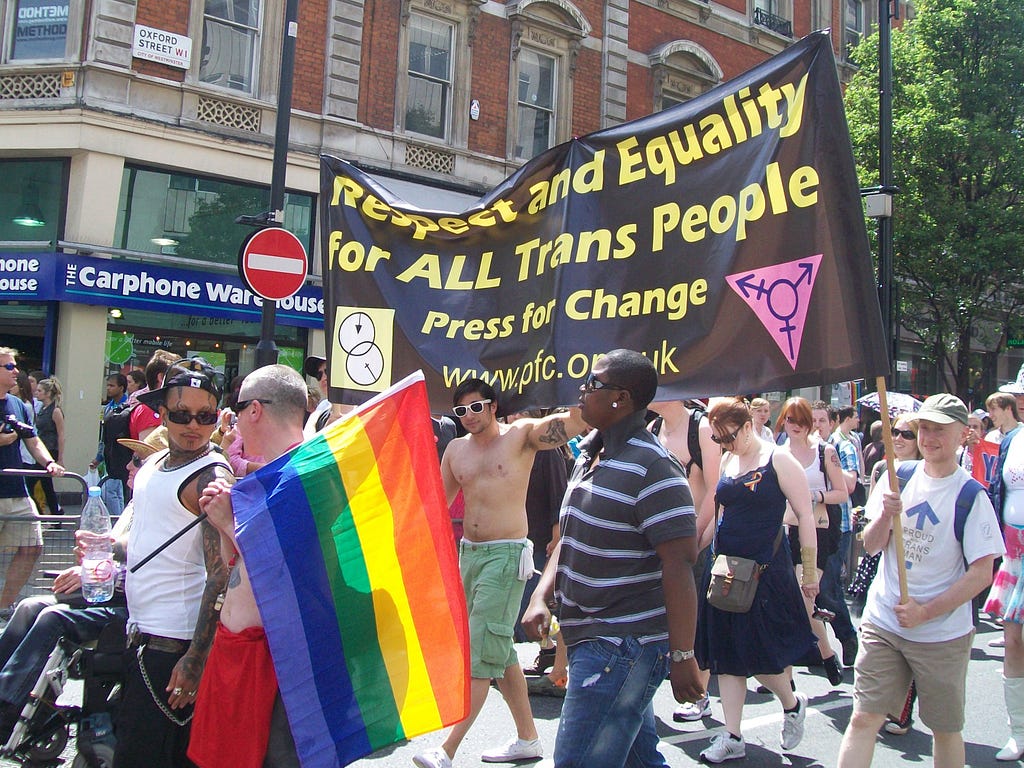 An LGBT+ Pride march in London, 2010. Marchers are holding up a banner by the campaign group Press for Change that reads: ‘Respect and Equality for All Trans People.’