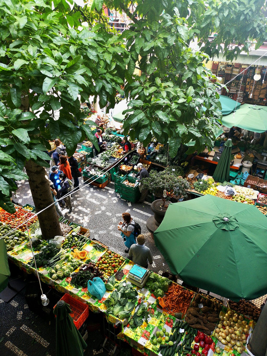 Aerial view of an outdoor street market selling fresh fruit and vegatables