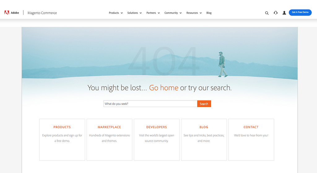 Magentos 404-side, med illustrasjon, søkefelt og stier til kategorier.