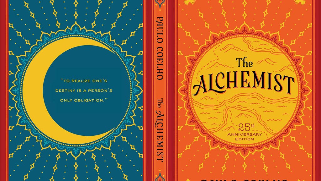 Book cover of The Alchemist by Paulo Coelho with quote “To realise one’s destiny is a person’s only obligation.”