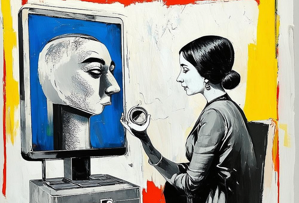 an artistic representation of a woman talking to a machine