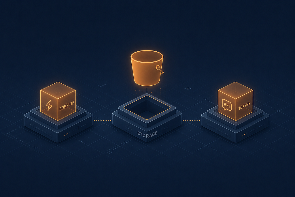Three glowing isometric icons representing cloud infrastructure component: a Compute cube with a lightning bolt, a Storage platform with a floating bucket, and an API Tokens cube, connected by dotted lines on a dark navy background.