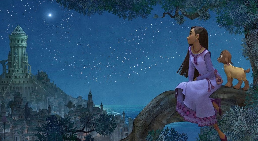 Screen capture from Disney “Wish” movie with Asha and her goat, Valentino, in the foreground looking at a bright star over her city’s skyline in the distance.