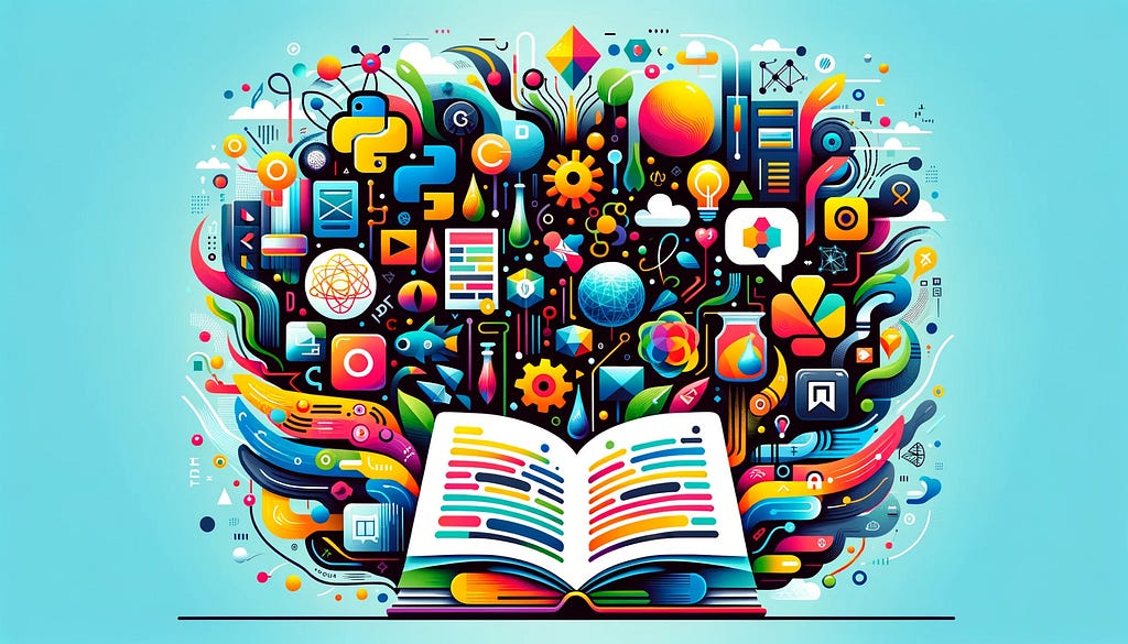 A colorful illustration of an open book with wings and a bunch of random icons behind it on a light blue background