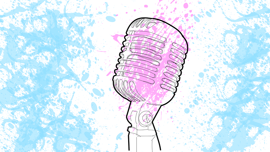 An illustration of a radio microphone with a pink paint splatter on it