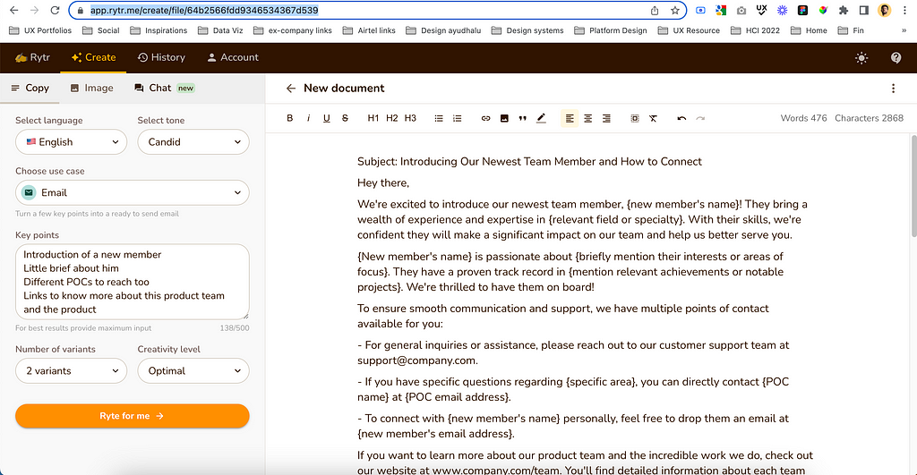An example use case showing the usage of rytr tool that generates copy for an appreciation mail for an employee