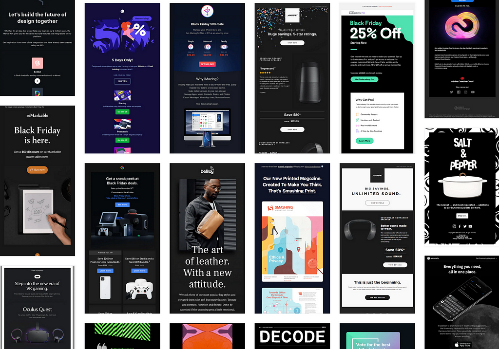 A screenshot from ReallyGoodEmails.com with a bunch of email previews of email designs with a dark color scheme.