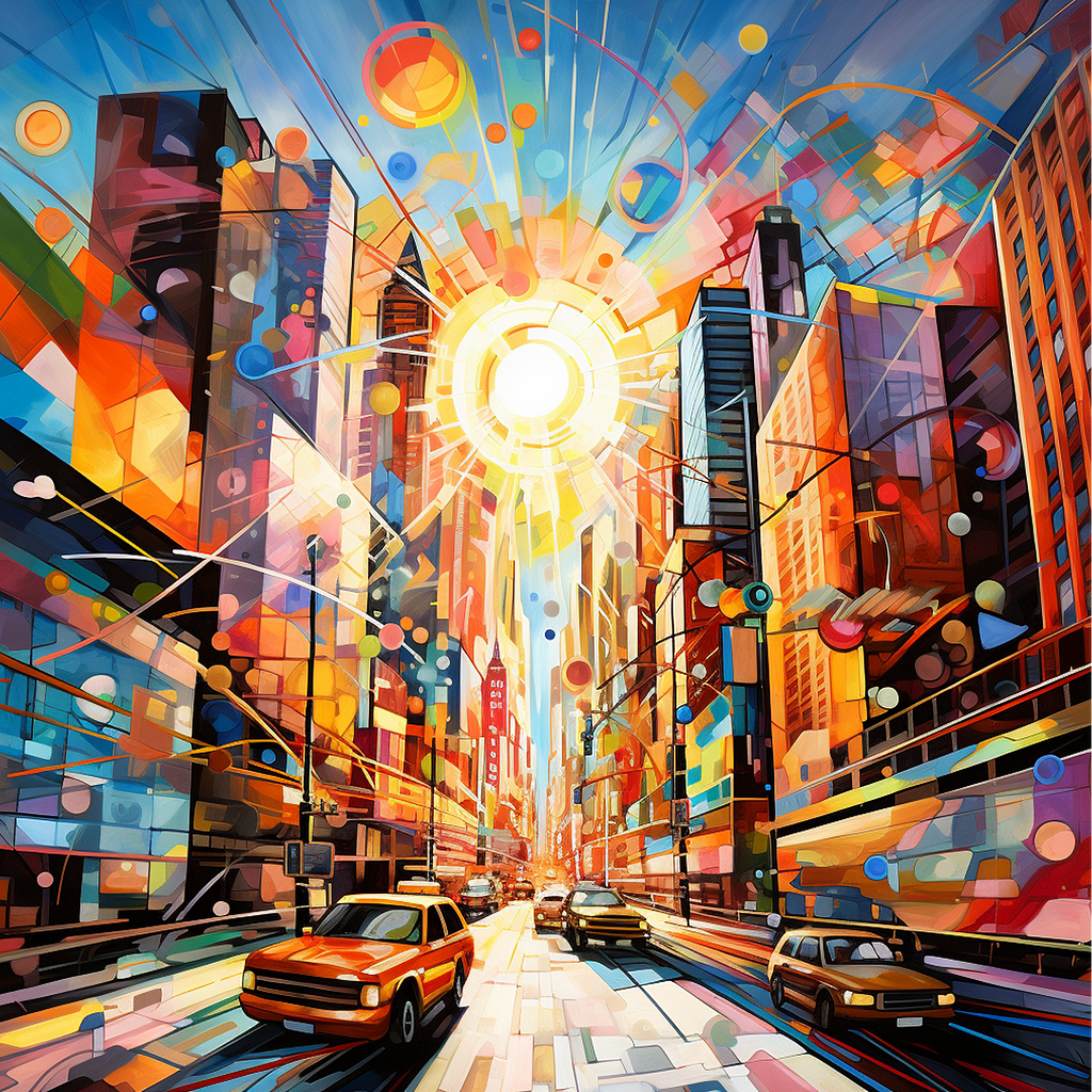 This dynamic urban landscape serves as a metaphor for the swift pace of the business world. Intertwined within this scene are abstract motifs and a kaleidoscope of colors, artfully illustrating the transient yet intoxicating nature of inspiration.