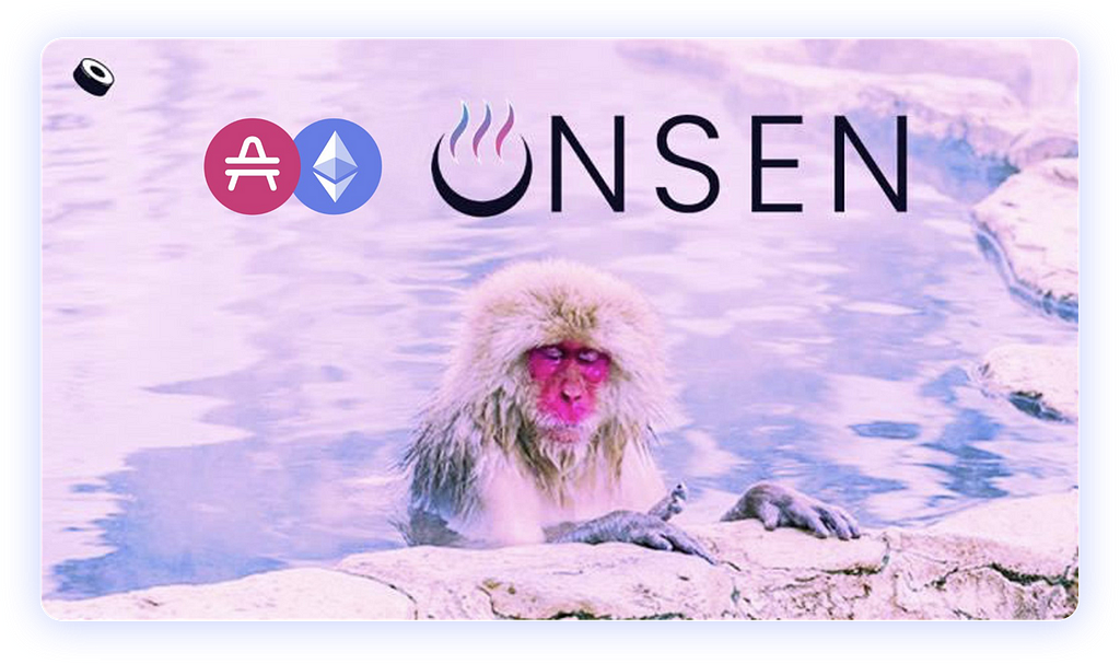A photograph of a mandrill bathing in a hot spring, superimposed with the SushiSwap Onsen logo and an icon denoting the AMP-ETH pool.