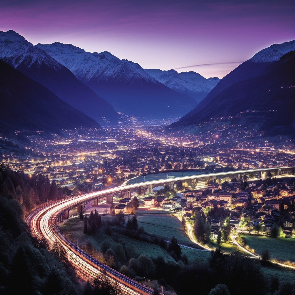 At twilight, the Rhone Valley reveals the Swiss Alps and Visp beneath a gradient sky, with a ramp hinting at train tracks leading to a welcoming home. Created by G Fildan with Midjourney on the 8th of October 2023