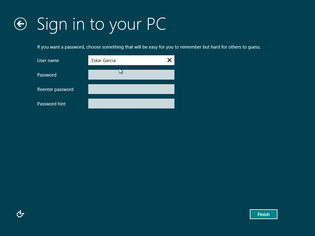 A screenshot of the Sign in to your PC step of Windows 8’s OOBE. It contains four fields for the user to input their name, password and password hint. The background is plan blue, the interface has no distractions.