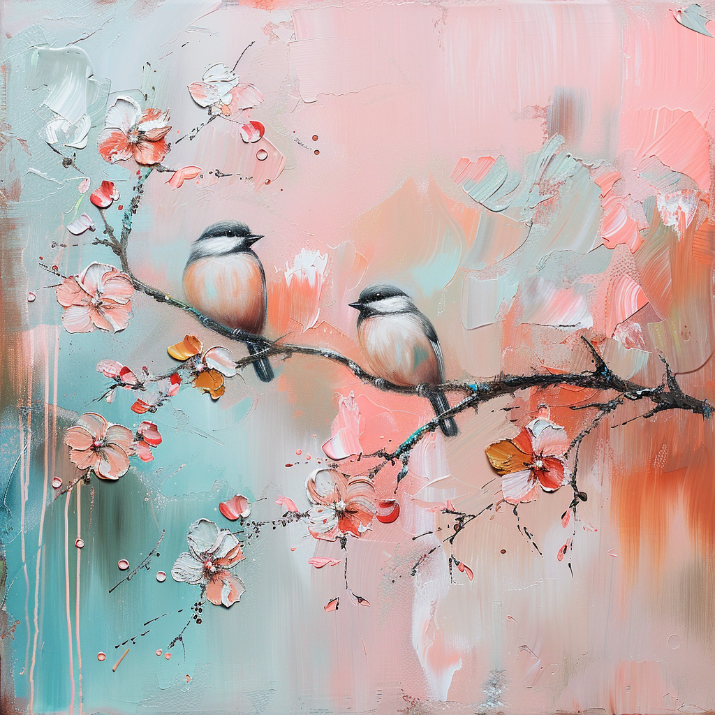 Romanticism art style painting of a birds on the tree branch with flowers around, dreamy pastel color of pink and amber