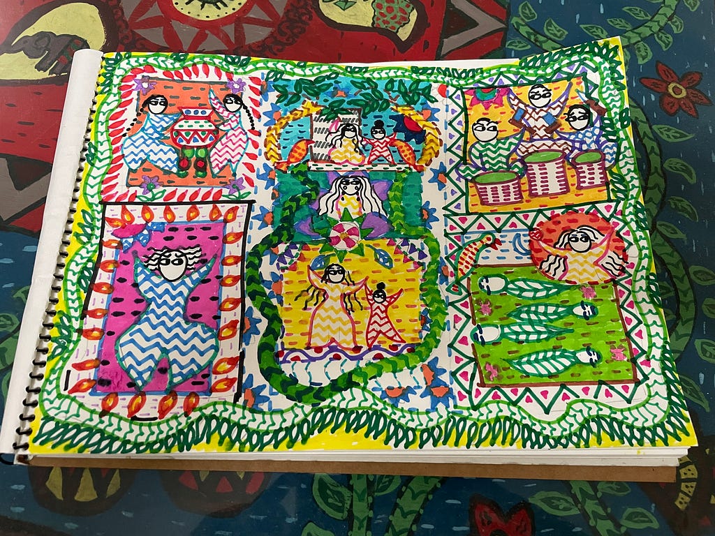 An image showing characters of the movie, the little girl, the koshai, creative people of the village in a colorful form inspired by katha made by villagers in Bangladesh