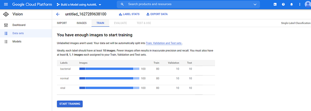 Screenshot of Google’s AutoML Vision platform showing class distribution for Viral, Normal, and Bacterial Pneumonia classes. 80% of the data is for training, 10% is for testing, and 10% is for validation.