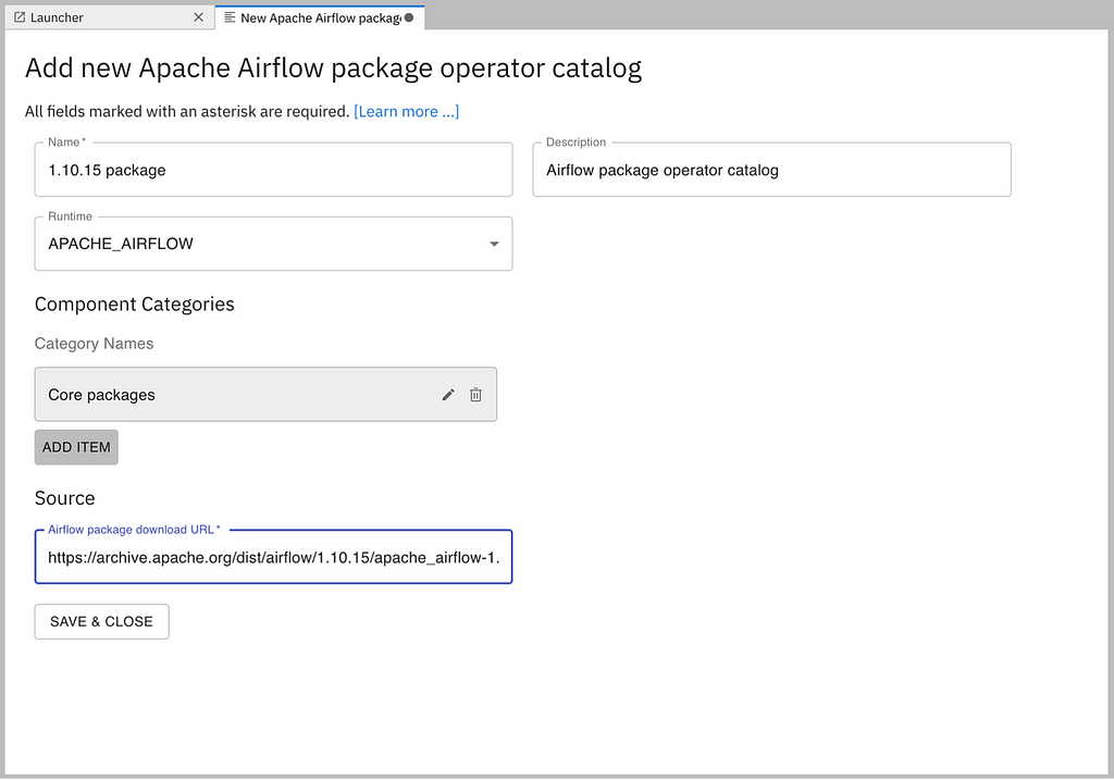 screenshot of adding a new airflow package operator catalog with fields Name, Runtime, Description, category names (with an “add item” button) and Source. There is also a “Save and Close” button.
